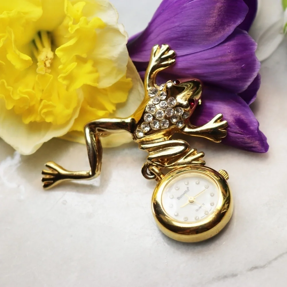 Vintage Bonetto Crystal Frog Watch Brooch